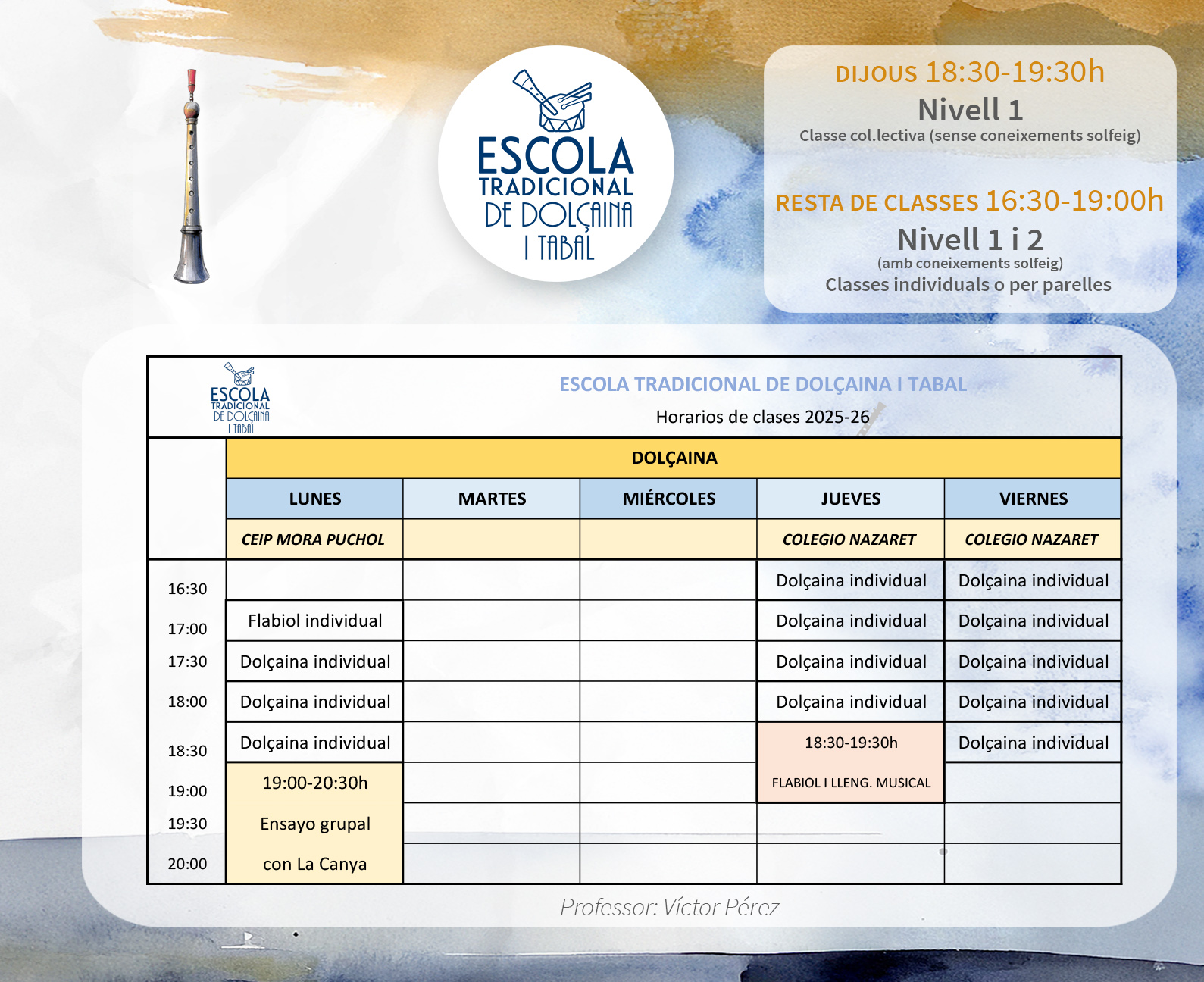 horarios dolçaina Escola Tradicional Alacanat curso 2025-26